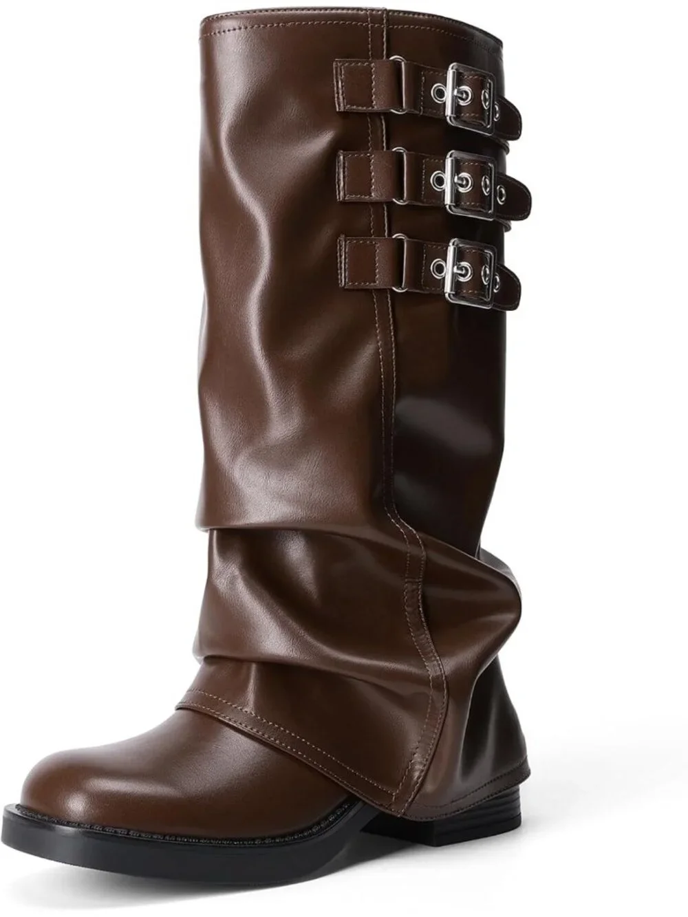 Women's Brown Fashion Adjustable Buckle Low Chunky Heel Comfort Slouchy Boots